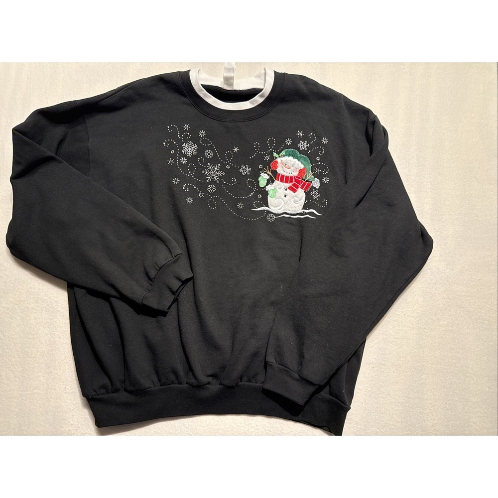 Vintage Morning Sun Black Holiday Snowman & Snowflake Sweatshirt Womans 2XL